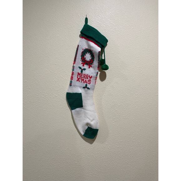 Merry Christmas Stocking 21” Green White Knit Xmas Holiday Mantle Decor - Picture 2 of 2